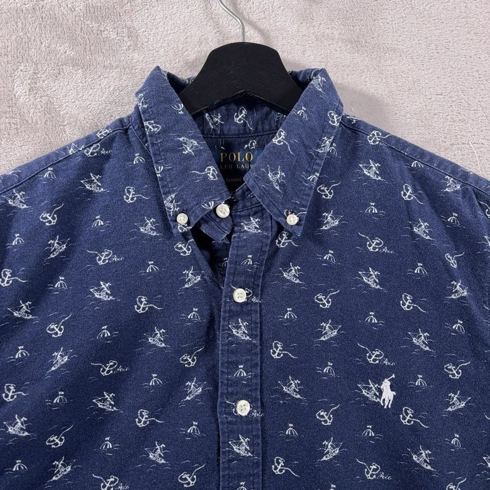 Polo Ralph Lauren Button Down Shirt Mens Large Blue Anchor Print Chambray Cotton